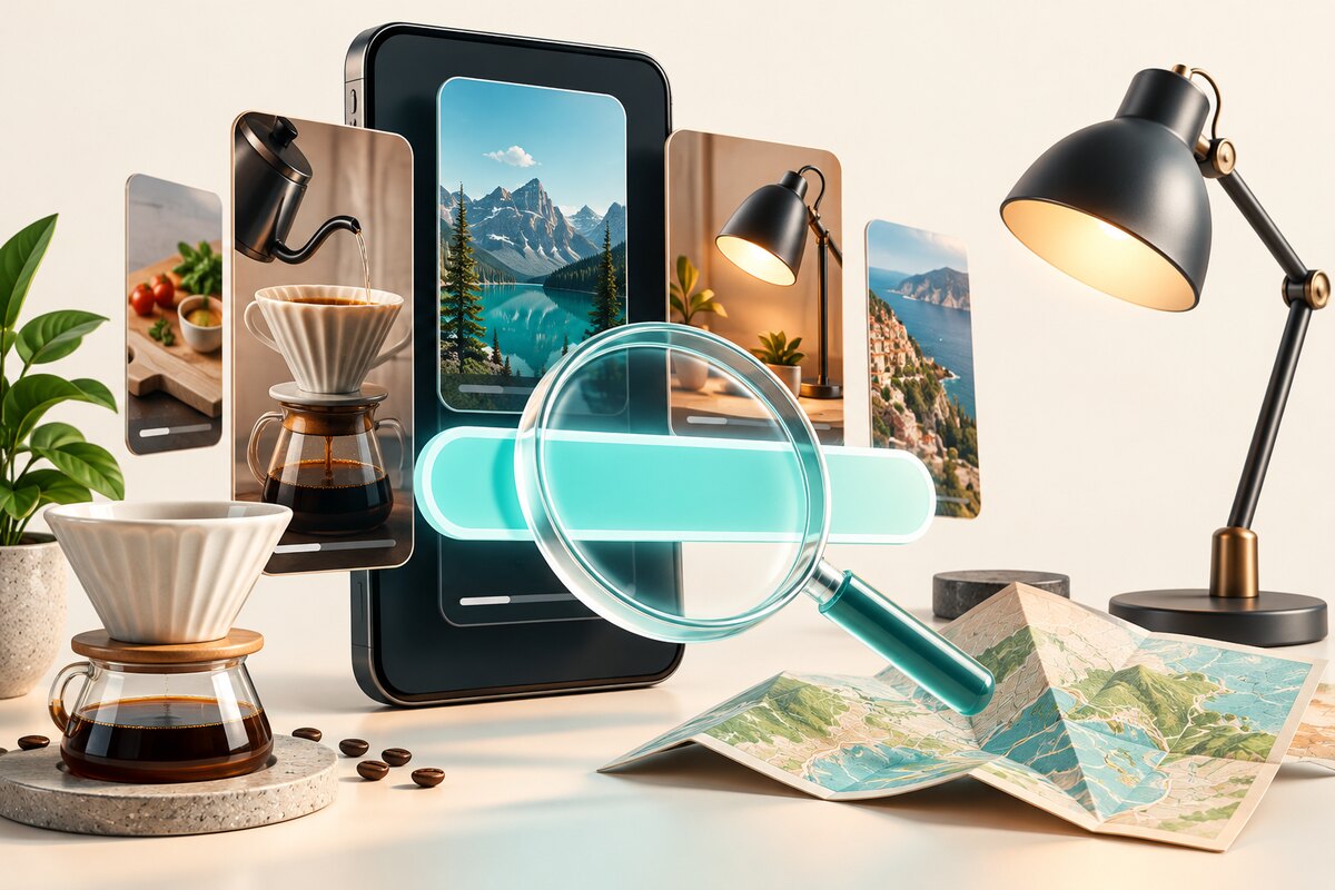 Conceptual illustration of TikTok search topics with a smartphone, magnifying glass and tutorial objects