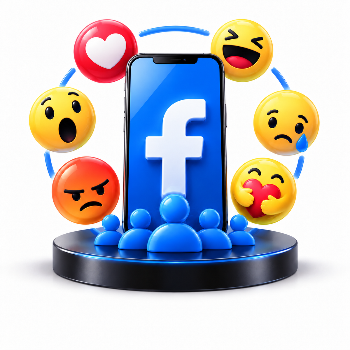 Facebook reaction icons with a smartphone and community figures, without captions