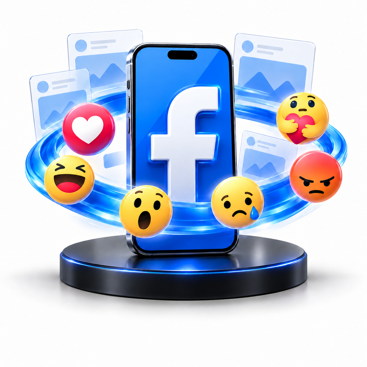 Facebook reaction icons with a smartphone in engagement 3D style, without captions