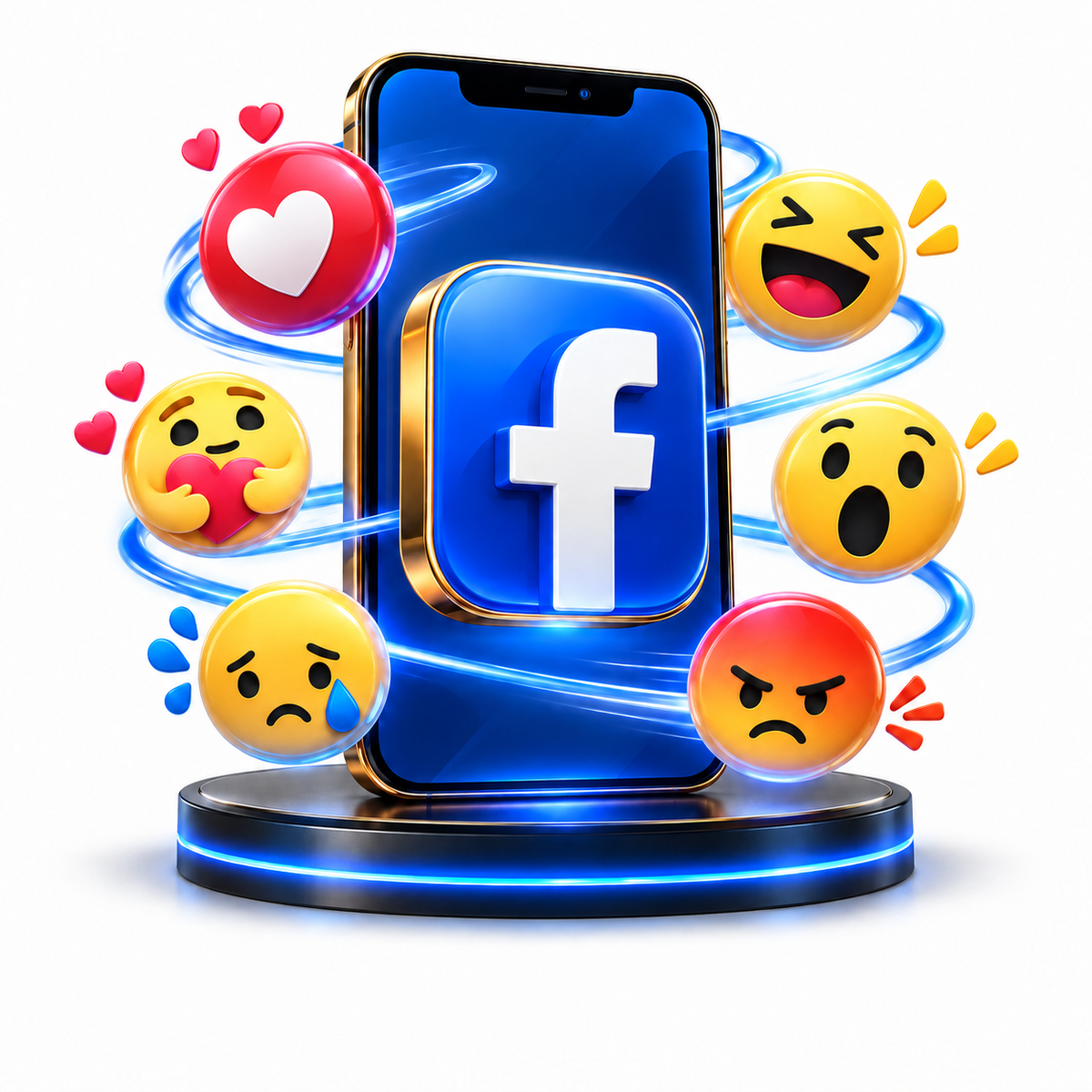 Facebook reaction icons with a smartphone in premium 3D style, without captions