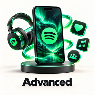 Spotify Advanced package with green phone, headphones and music icons.