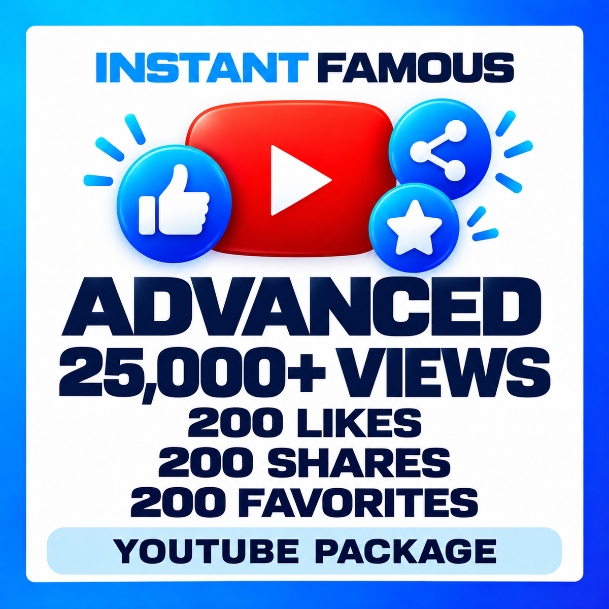 YouTube Advanced package — 25,000+ views, 200 likes, 200 shares and 200 favorites