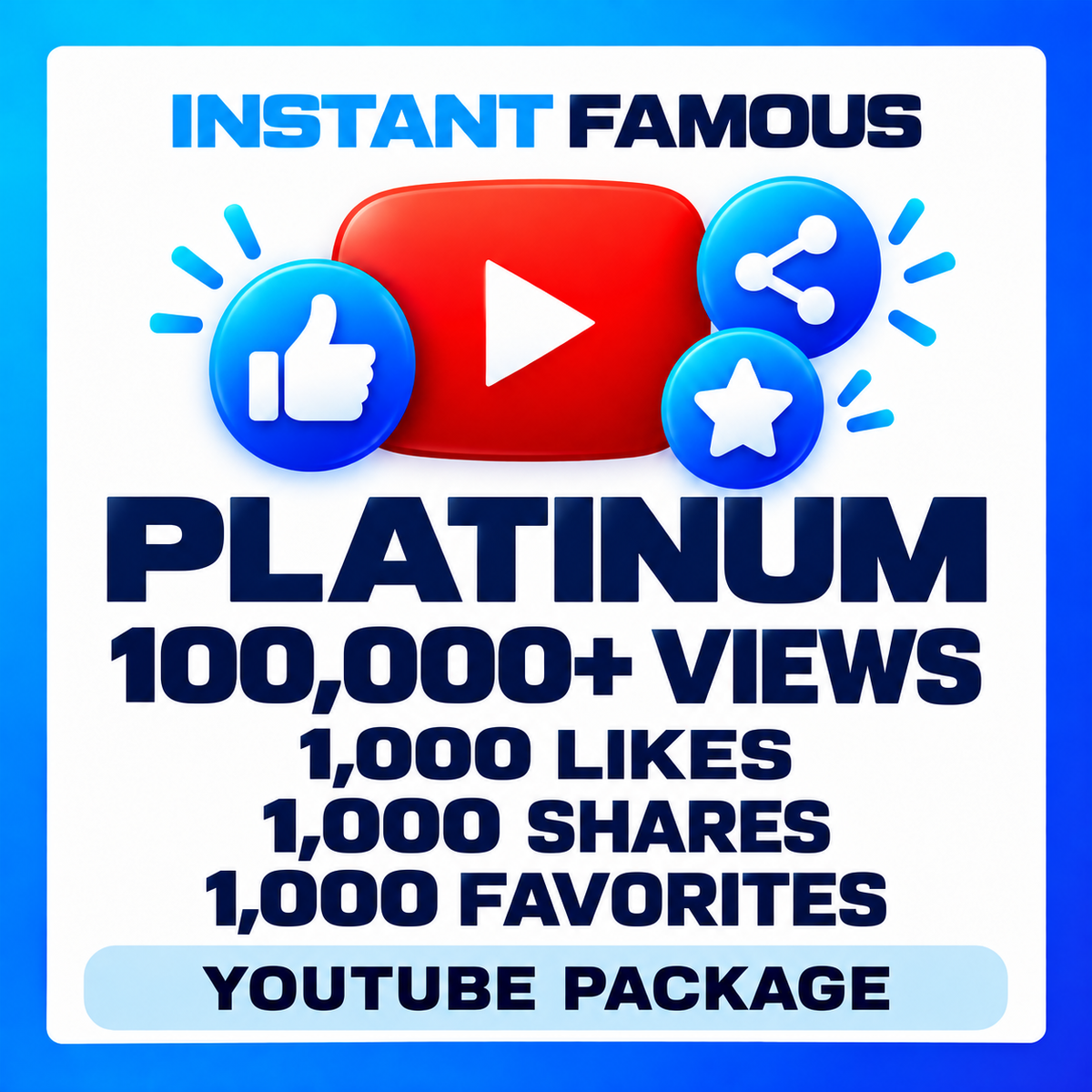 YouTube Platinum package — 100,000+ views, 1,000 likes, 1,000 shares and 1,000 favorites