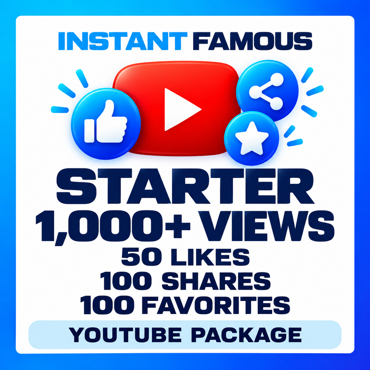 YouTube Starter package — 1,000+ views, 50 likes, 100 shares and 100 favorites