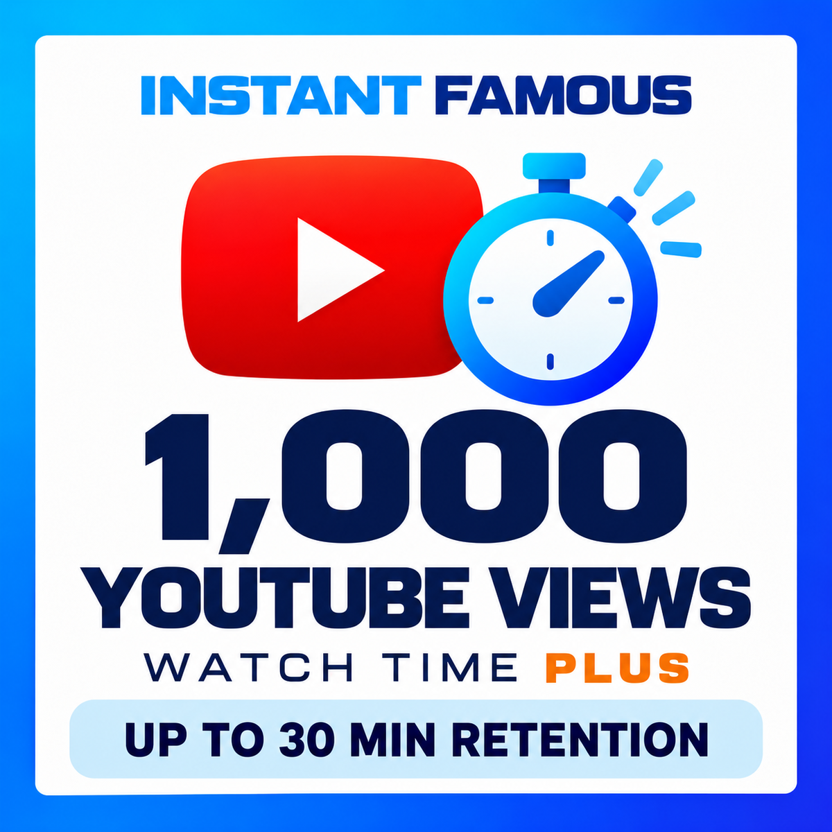 1,000 YouTube views — Watch Time Plus, up to 30 minutes retention