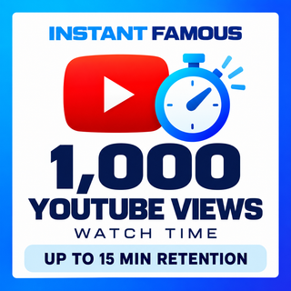 1,000 YouTube views — Watch Time standard, up to 15 minutes retention