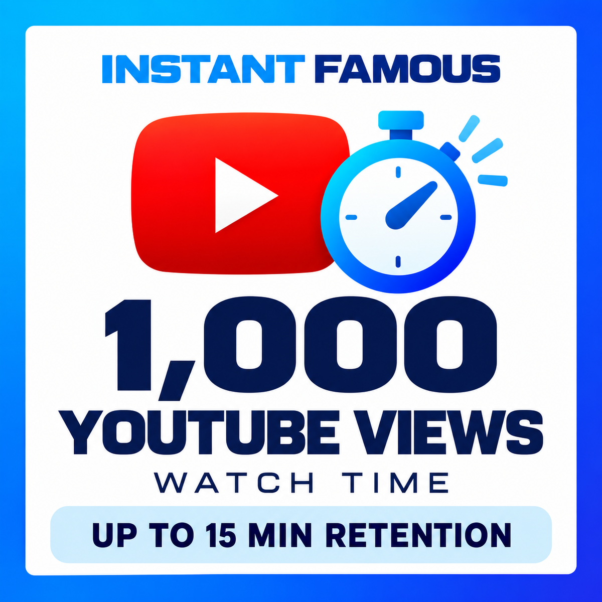 1,000 YouTube views — Watch Time standard, up to 15 minutes retention