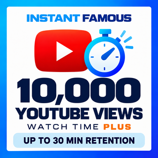 10,000 YouTube views — Watch Time Plus, up to 30 minutes retention