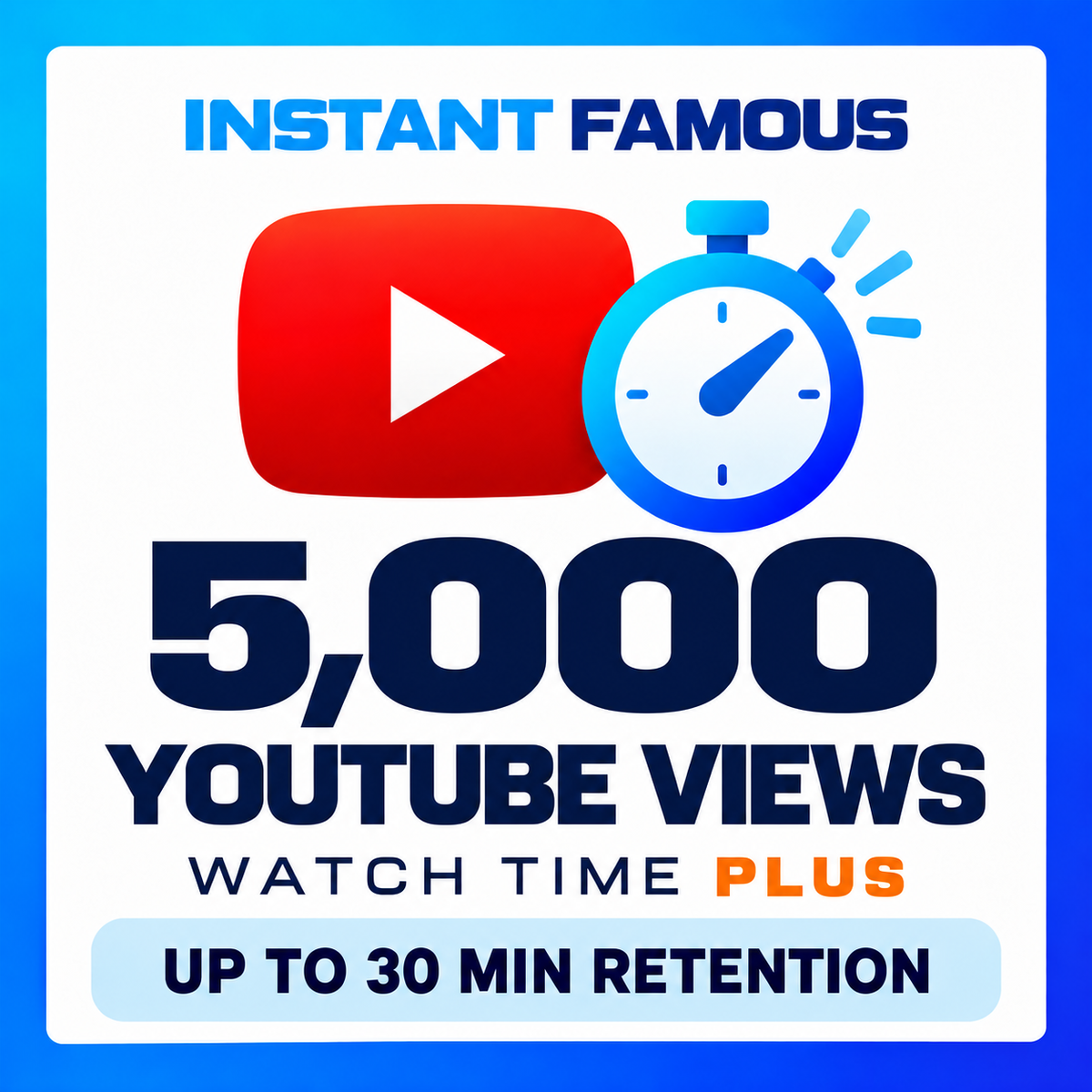 5,000 YouTube views — Watch Time Plus, up to 30 minutes retention